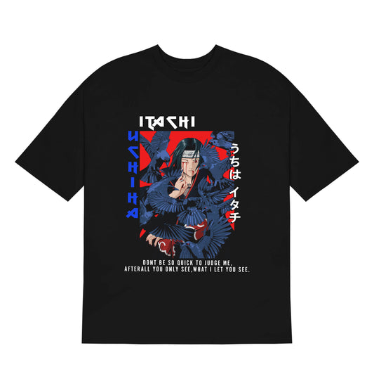 anime t-shirt, anime oversized t-shirt, naruto, naruto tshirt, itachi tshirt, front side, black t-shirt