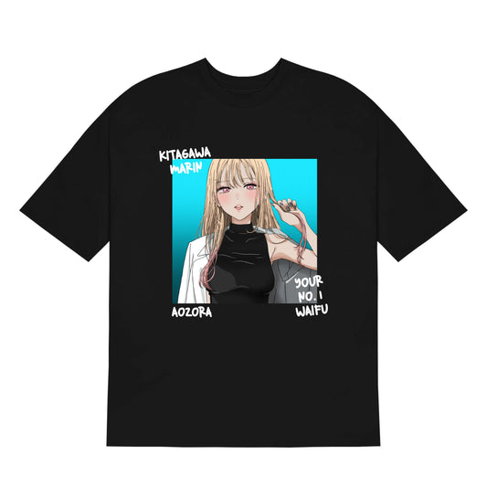 anime t-shirt, anime oversized t-shirt, my dress up darling, my dress up darling tshirt, marin kitagawa tshirt, front side, black t-shirt