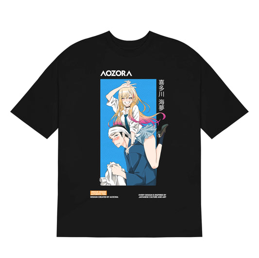 anime t-shirt, anime oversized t-shirt, my dress up darling, my dress up darling tshirt, marin kitagawa tshirt, front side, black t-shirt