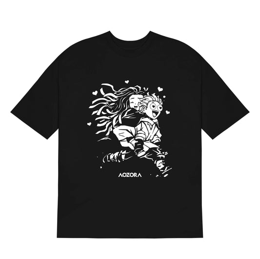 anime t-shirt, anime oversized t-shirt, demon slayer tshirt, demon slayer, zenitsu tshirt, nezuko tshirt, front side, black t-shirt