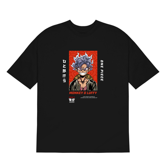 anime t-shirt, anime oversized t-shirt, one piece, one piece tshirt, one piece anime, luffy t shirt, front side, black t-shirt, gear-5