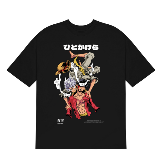 anime t-shirt, anime oversized t-shirt, one piece, one piece tshirt, one piece anime, luffy t shirt, front side, black t-shirt, gear-5