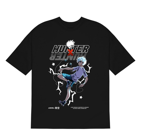 anime t-shirt, anime oversized t-shirt, hunter x hunter, hunterxhunter tshirt, front face, black t-shirt,  killua-tshirt