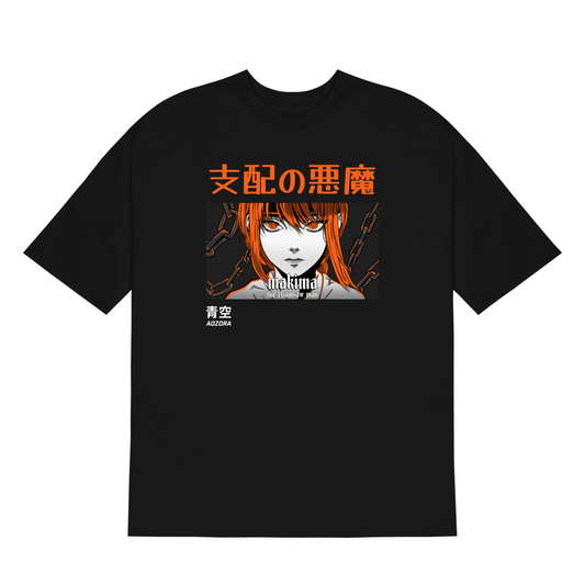 anime t-shirt, anime oversized t-shirt, chainsaw man tshirt, front face, black t-shirt, makima tshirt